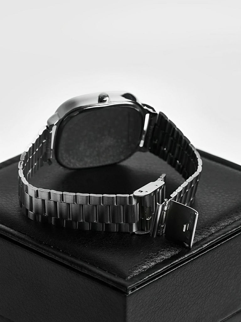 Montre en acier inoxydable, cadran carré, affichage date, étanche 30M, style classique et moderne, modèle Déri - Montre - Argent et blanc