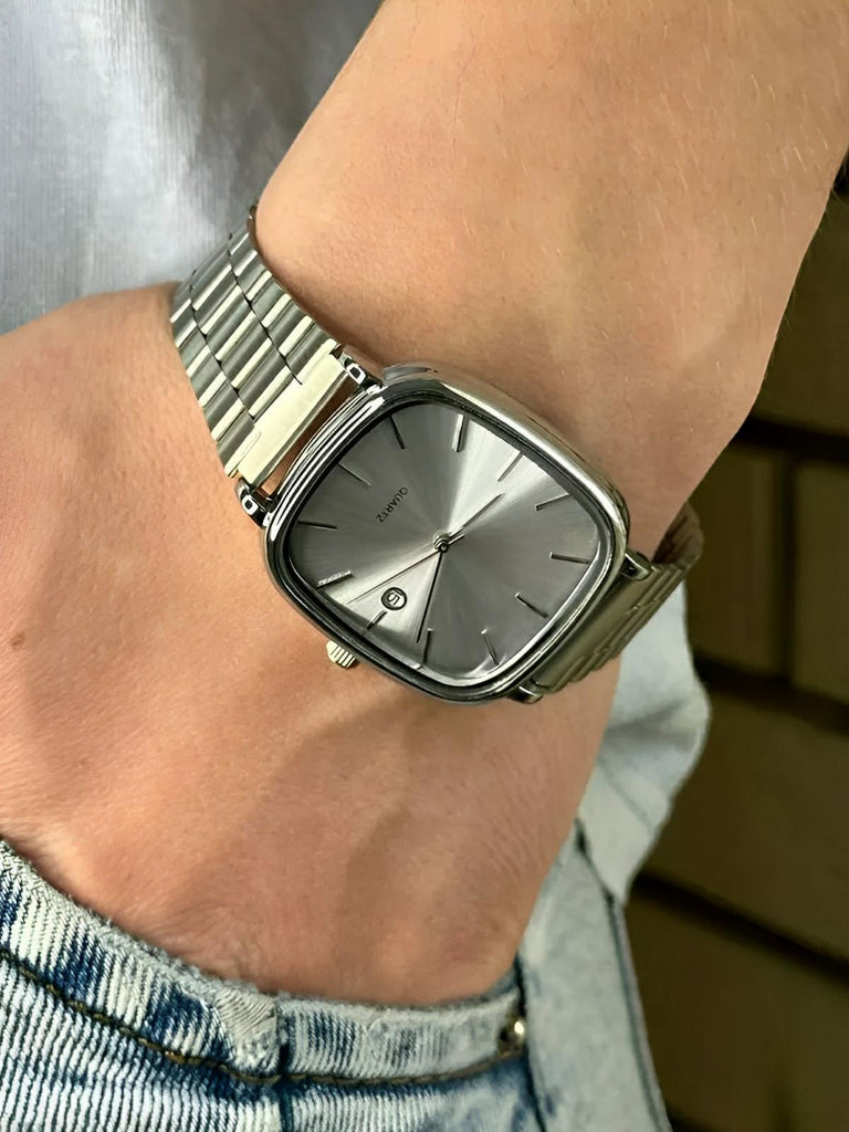 Montre en acier inoxydable, cadran carré, affichage date, étanche 30M, style classique et moderne, modèle Déri - Montre - Argent et blanc