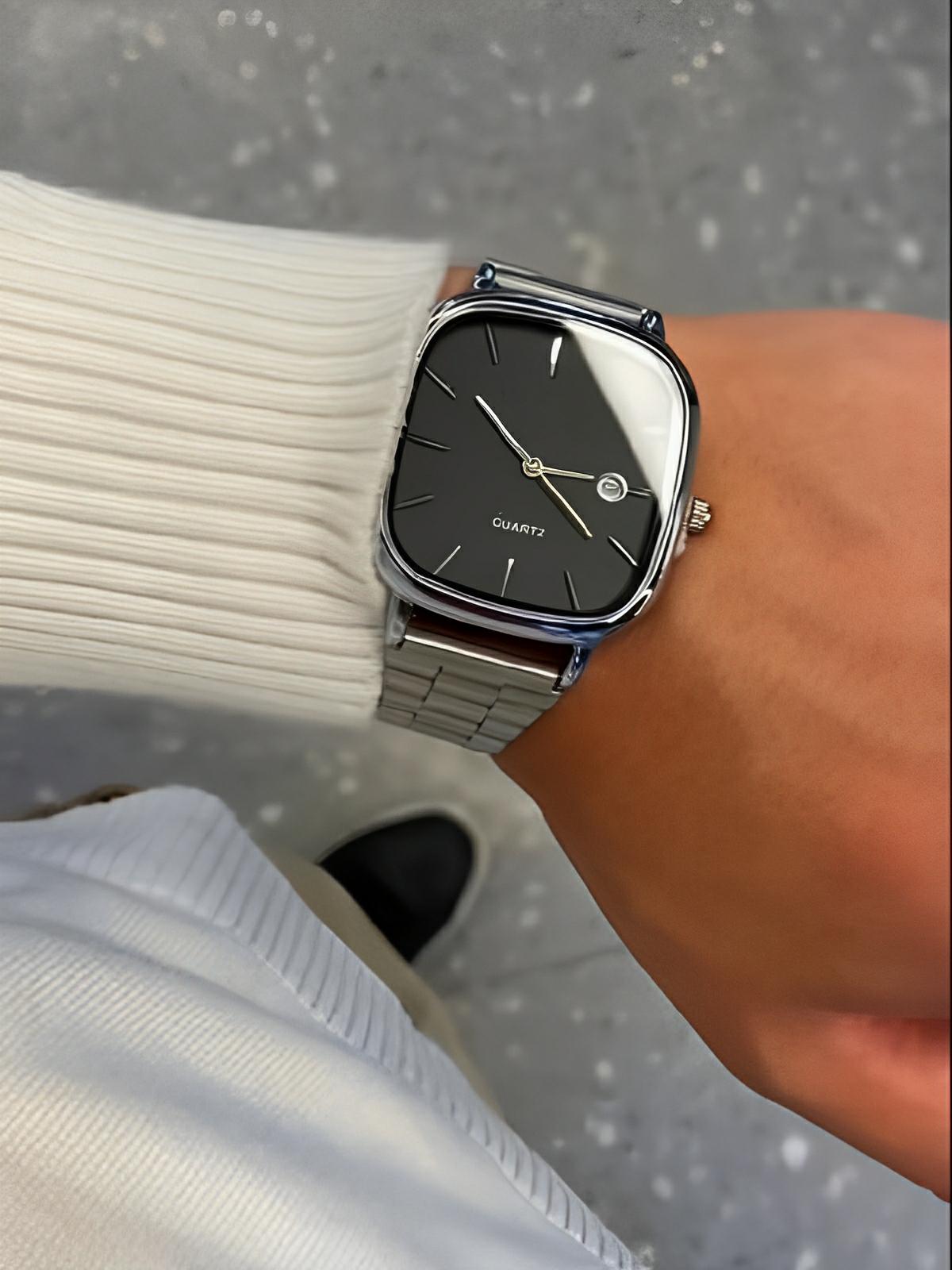 Montre en acier inoxydable, cadran carré, affichage date, étanche 30M, style classique et moderne, modèle Déri - Montre - Argent et noir
