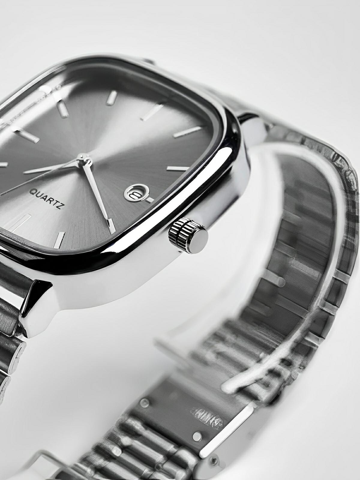 Montre en acier inoxydable, cadran carré, affichage date, étanche 30M, style classique et moderne, modèle Déri - Montre - Argent et blanc