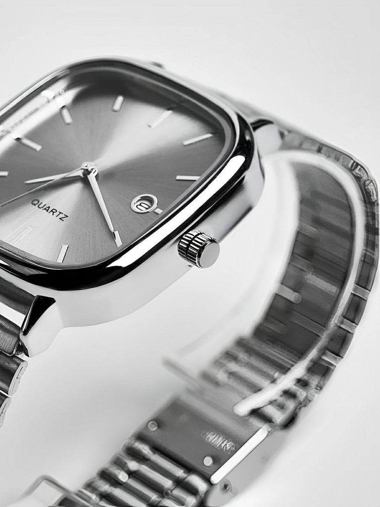 Montre en acier inoxydable, cadran carré, affichage date, étanche 30M, style classique et moderne, modèle Déri - Montre - Argent et blanc