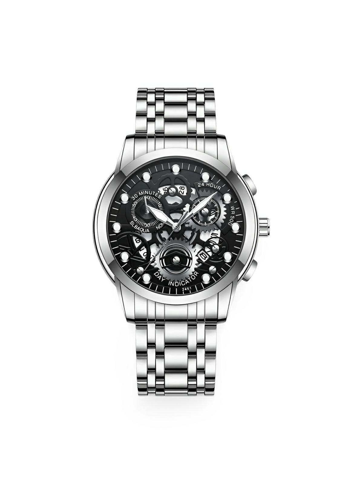 Montre homme squelette, acier inoxydable, affichage analogique, mouvement quartz, étanche, modèle Darius - Montre - Argent