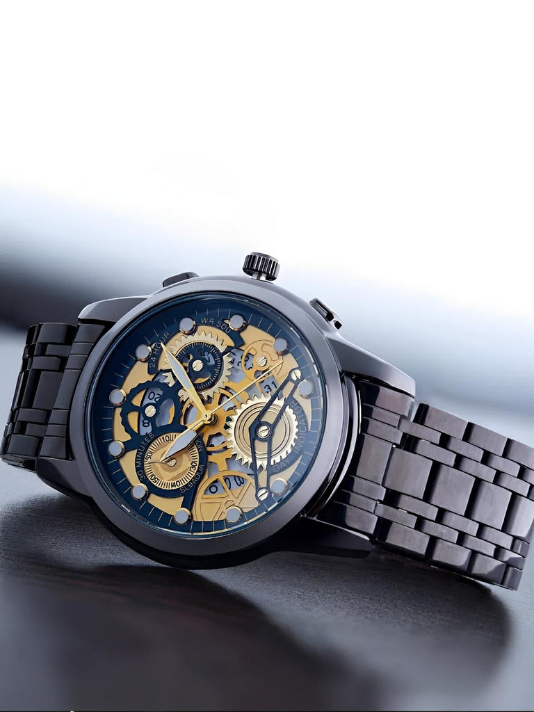Montre homme squelette, acier inoxydable, affichage analogique, mouvement quartz, étanche, modèle Darius - Montre - Noir et or
