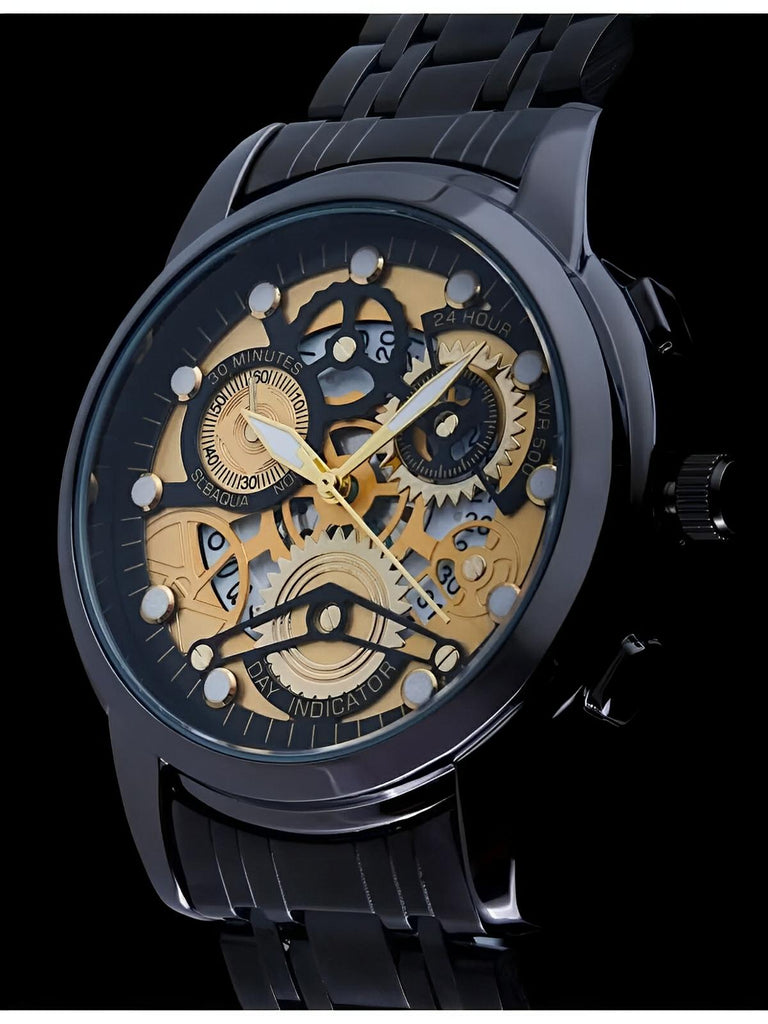 Montre homme squelette, acier inoxydable, affichage analogique, mouvement quartz, étanche, modèle Darius - Montre - Noir et or