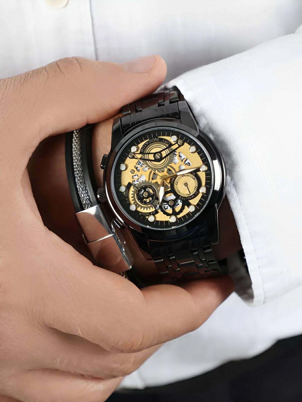 Montre homme squelette, acier inoxydable, affichage analogique, mouvement quartz, étanche, modèle Darius - Montre - Noir et or