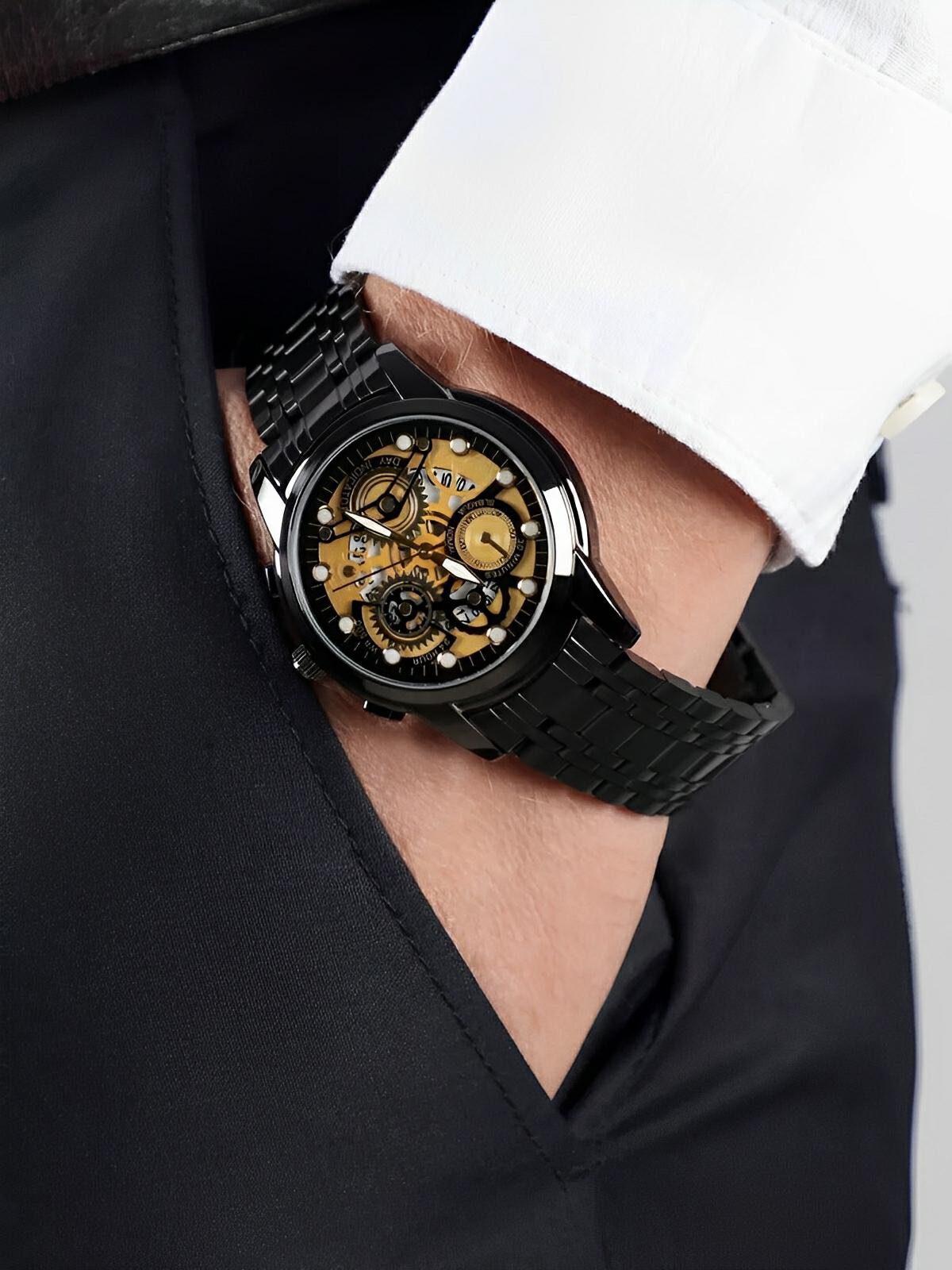 Montre homme squelette, acier inoxydable, affichage analogique, mouvement quartz, étanche, modèle Darius - Montre - Noir et or