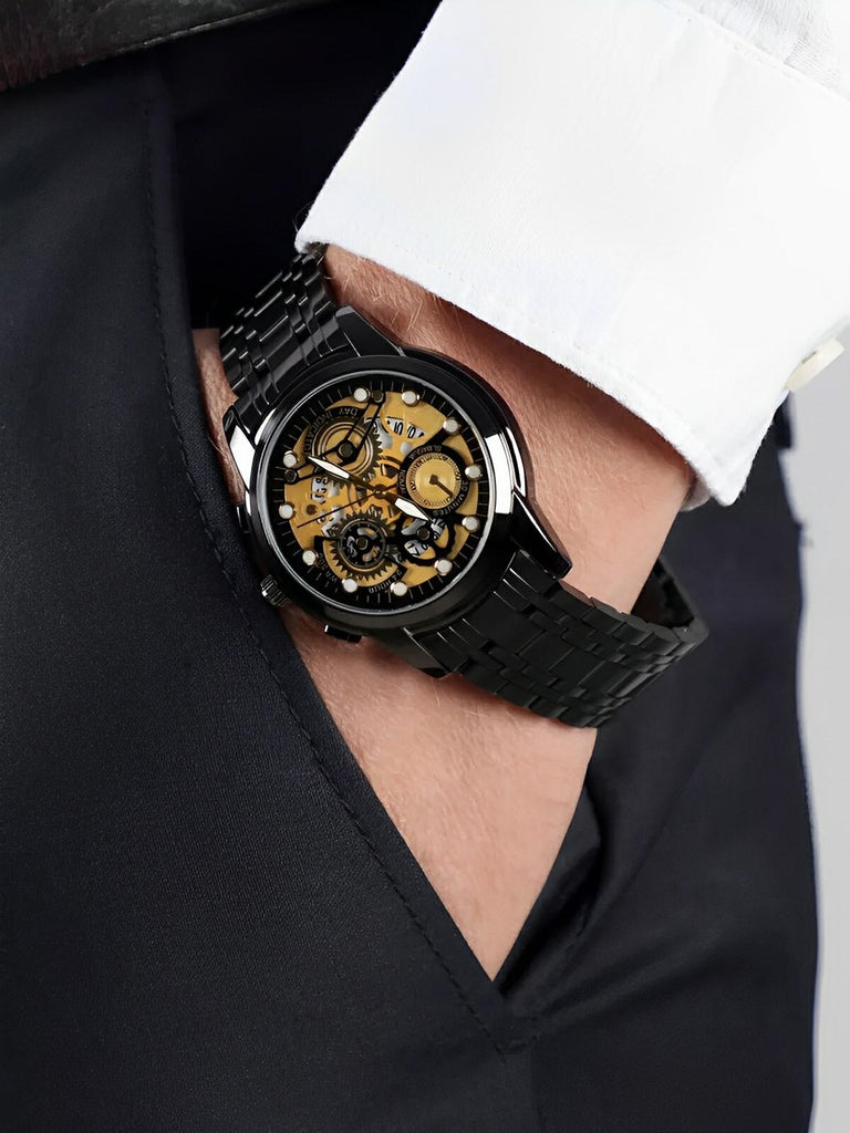 Montre homme squelette, acier inoxydable, affichage analogique, mouvement quartz, étanche, modèle Darius - Montre - Noir et or