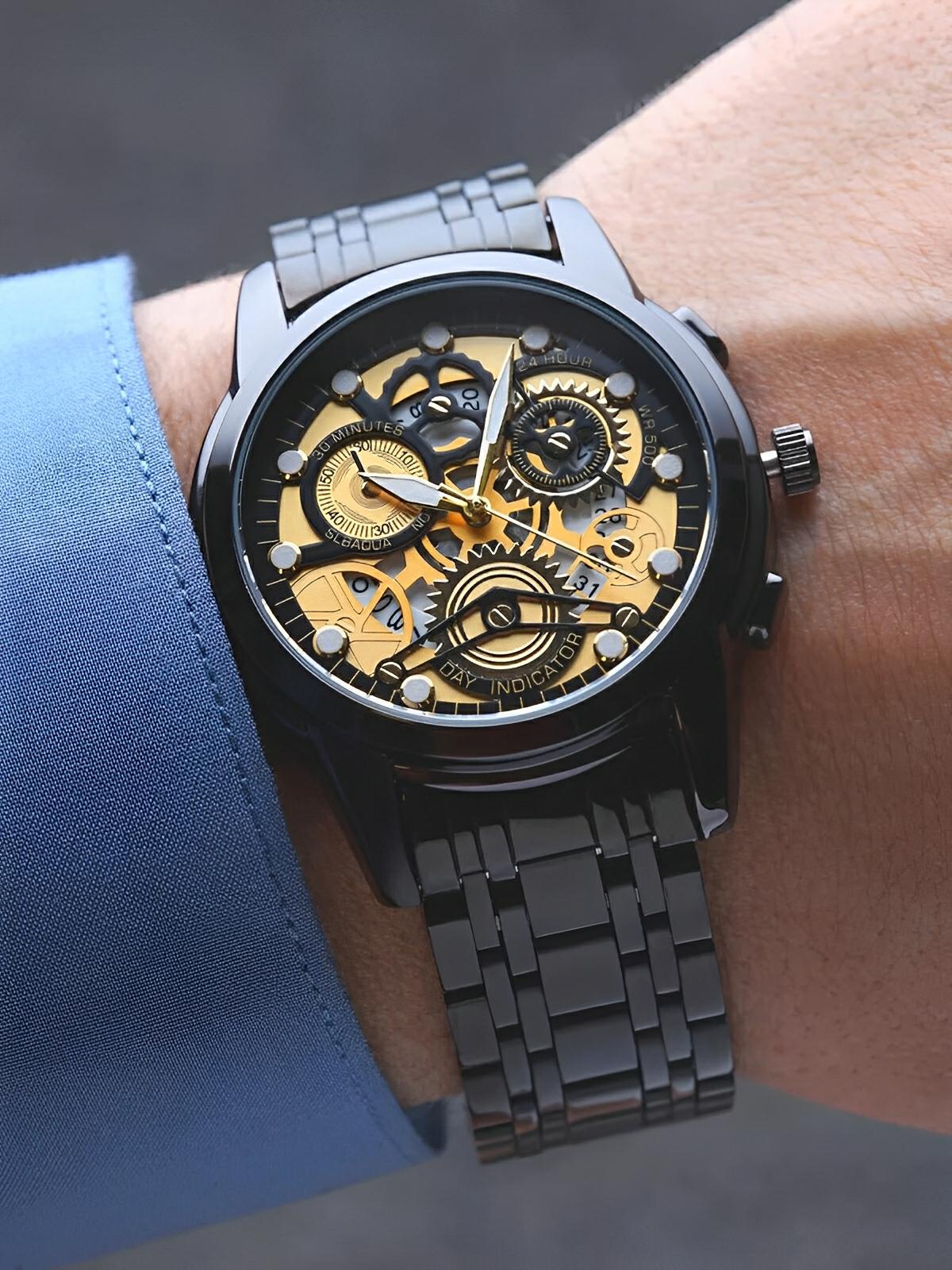 Montre homme squelette, acier inoxydable, affichage analogique, mouvement quartz, étanche, modèle Darius - Montre - Noir et or