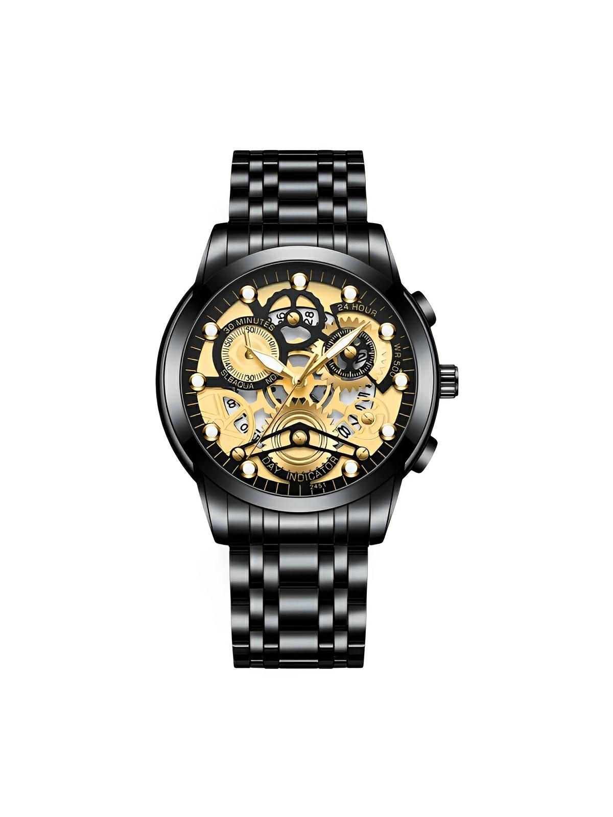 Montre homme squelette, acier inoxydable, affichage analogique, mouvement quartz, étanche, modèle Darius - Montre - Noir et or