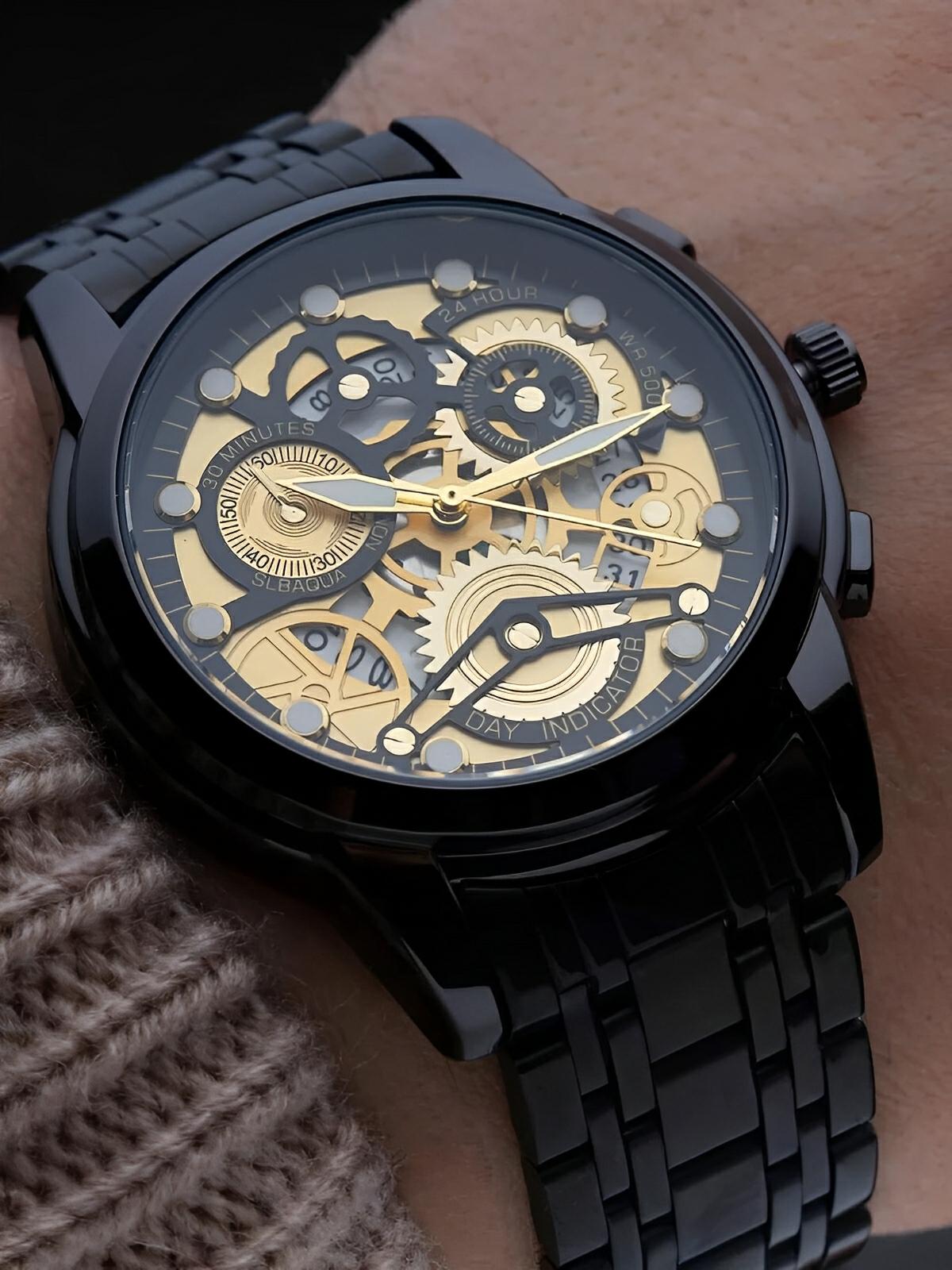 Montre homme squelette, acier inoxydable, affichage analogique, mouvement quartz, étanche, modèle Darius - Montre - Noir et or
