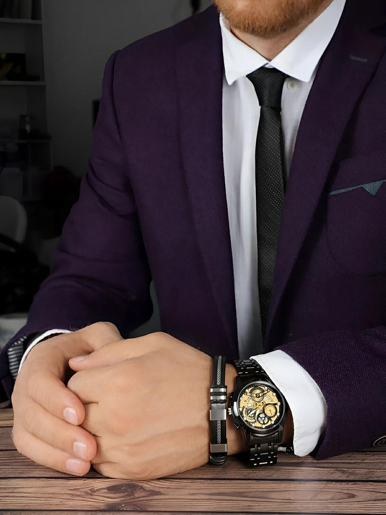 Montre homme squelette, acier inoxydable, affichage analogique, mouvement quartz, étanche, modèle Darius - Montre - Noir et or