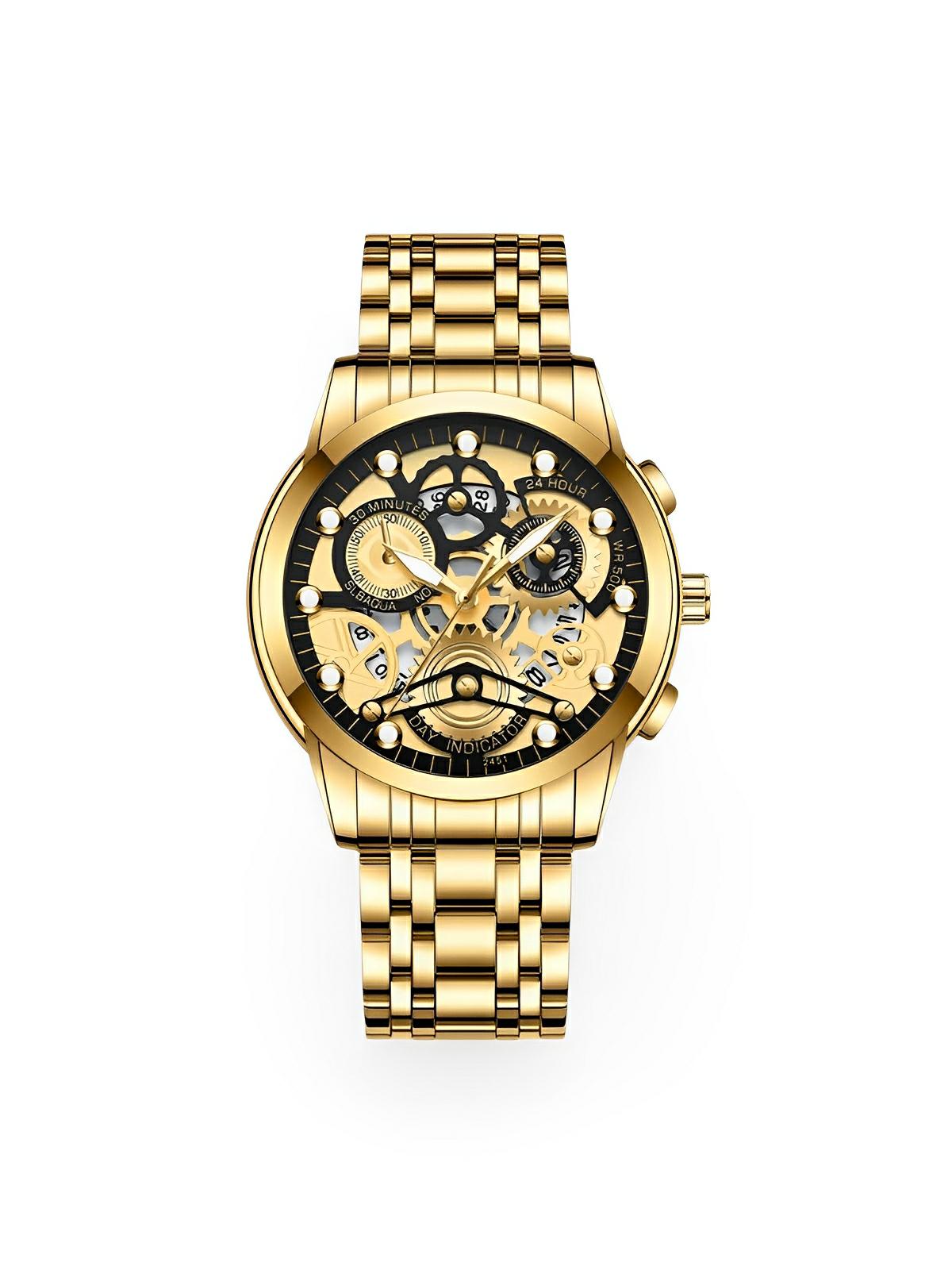 Montre homme squelette, acier inoxydable, affichage analogique, mouvement quartz, étanche, modèle Darius - Montre - Or