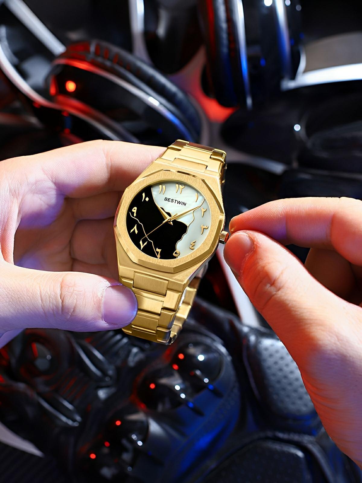 Montre pour homme, mouvement BESTWIN, acier inoxydable, cadran marbré, chiffres arabes, quartz, modèle Ulysse - Montre - Or