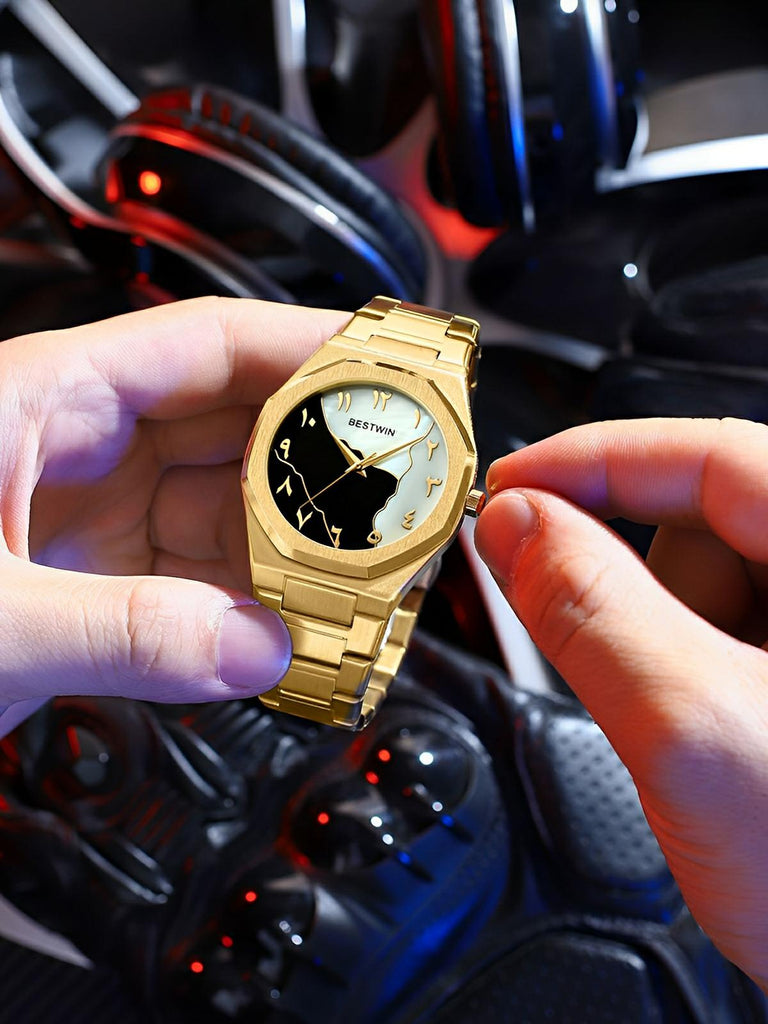 Montre pour homme, mouvement BESTWIN, acier inoxydable, cadran marbré, chiffres arabes, quartz, modèle Ulysse - Montre - Or