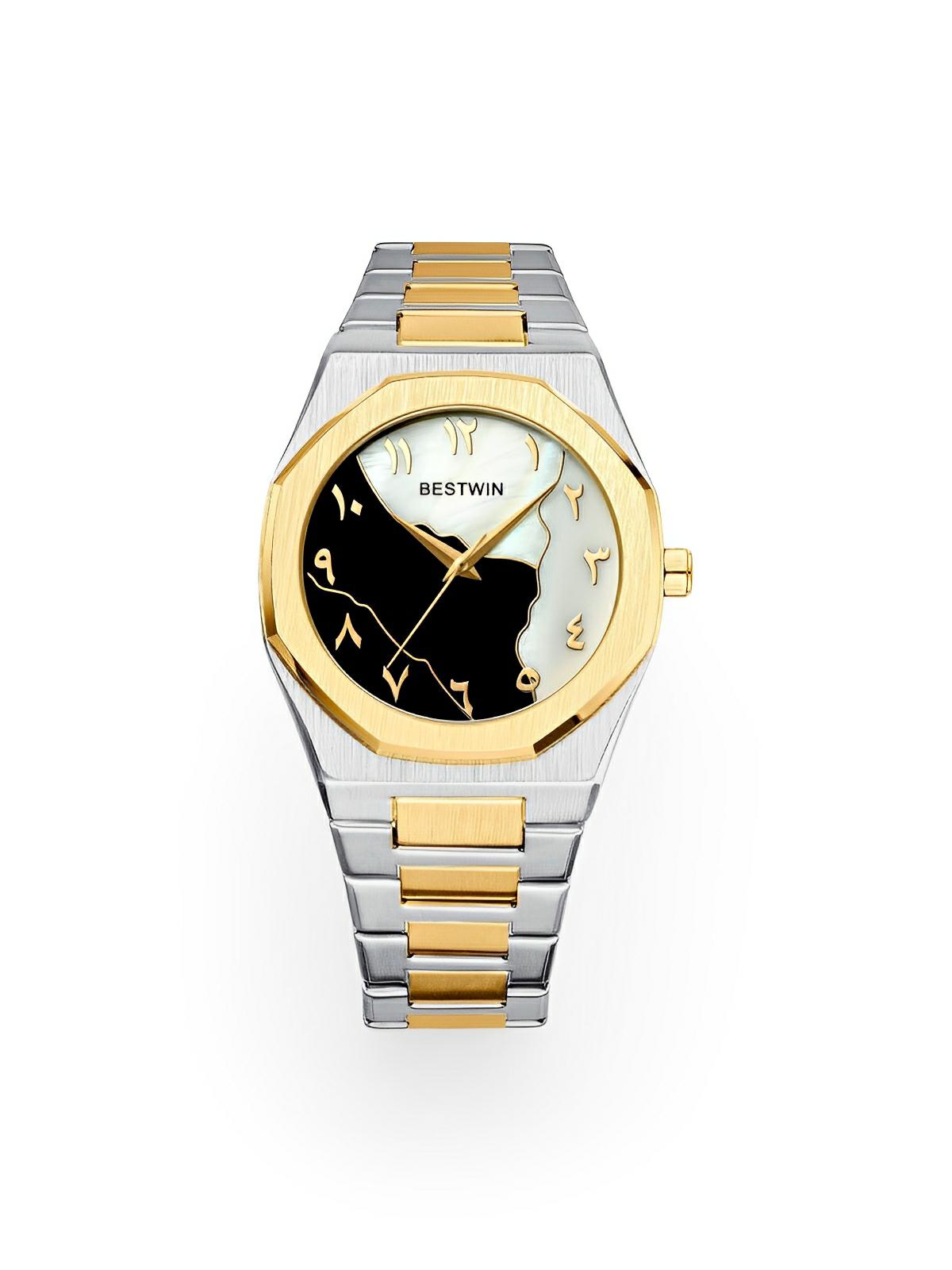 Montre pour homme, mouvement BESTWIN, acier inoxydable, cadran marbré, chiffres arabes, quartz, modèle Ulysse - Montre - Or et argent