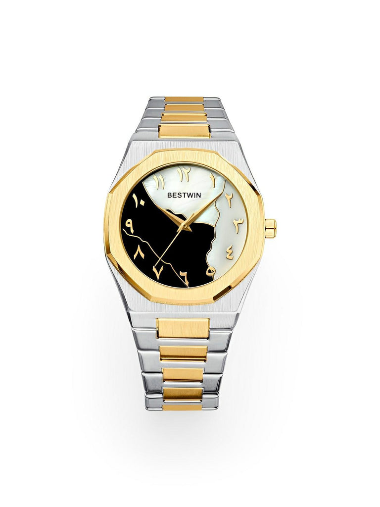 Montre pour homme, mouvement BESTWIN, acier inoxydable, cadran marbré, chiffres arabes, quartz, modèle Ulysse - Montre - Or et argent