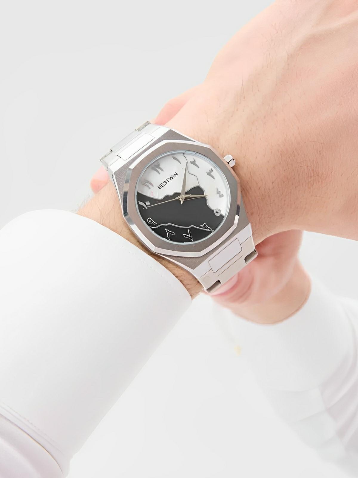 Montre pour homme, mouvement BESTWIN, acier inoxydable, cadran marbré, chiffres arabes, quartz, modèle Ulysse - Montre - Argent