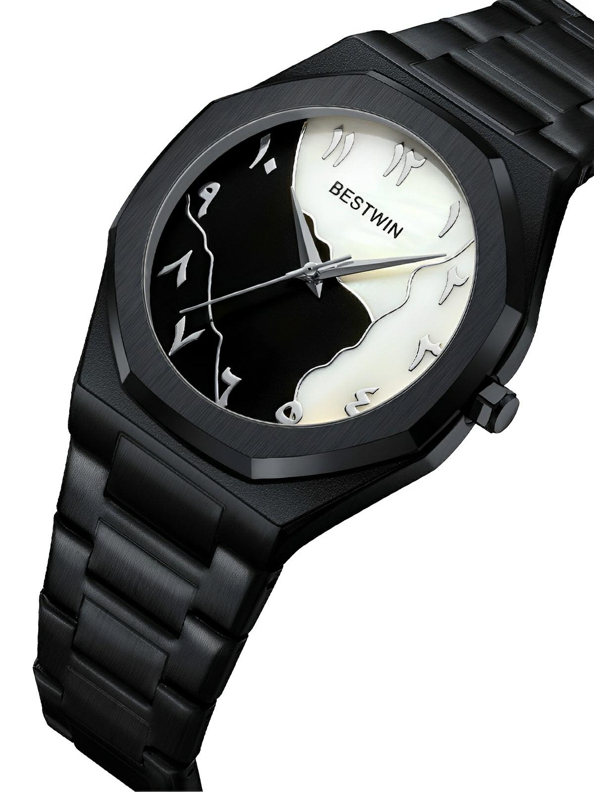 Montre pour homme, mouvement BESTWIN, acier inoxydable, cadran marbré, chiffres arabes, quartz, modèle Ulysse - Montre - Noir