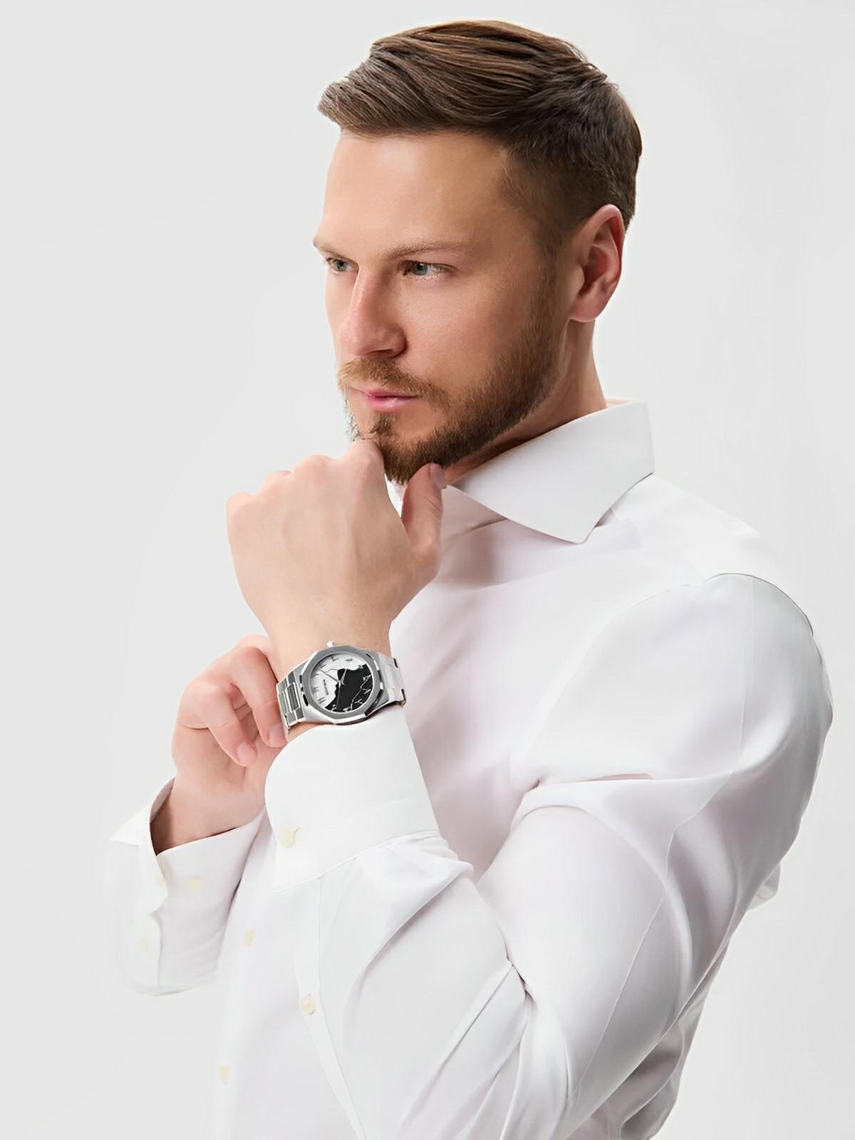 Montre pour homme, mouvement BESTWIN, acier inoxydable, cadran marbré, chiffres arabes, quartz, modèle Ulysse - Montre - Argent