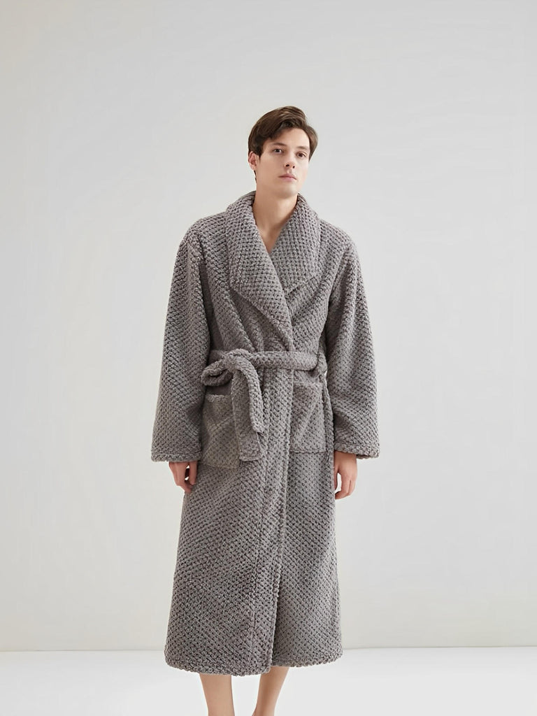 Peignoir homme femme, coton doux texturé, col châle, ceinture amovible, deux poches pratiques, confort maison, mi - mollet, modèle Junia - Peignoir - Gris M