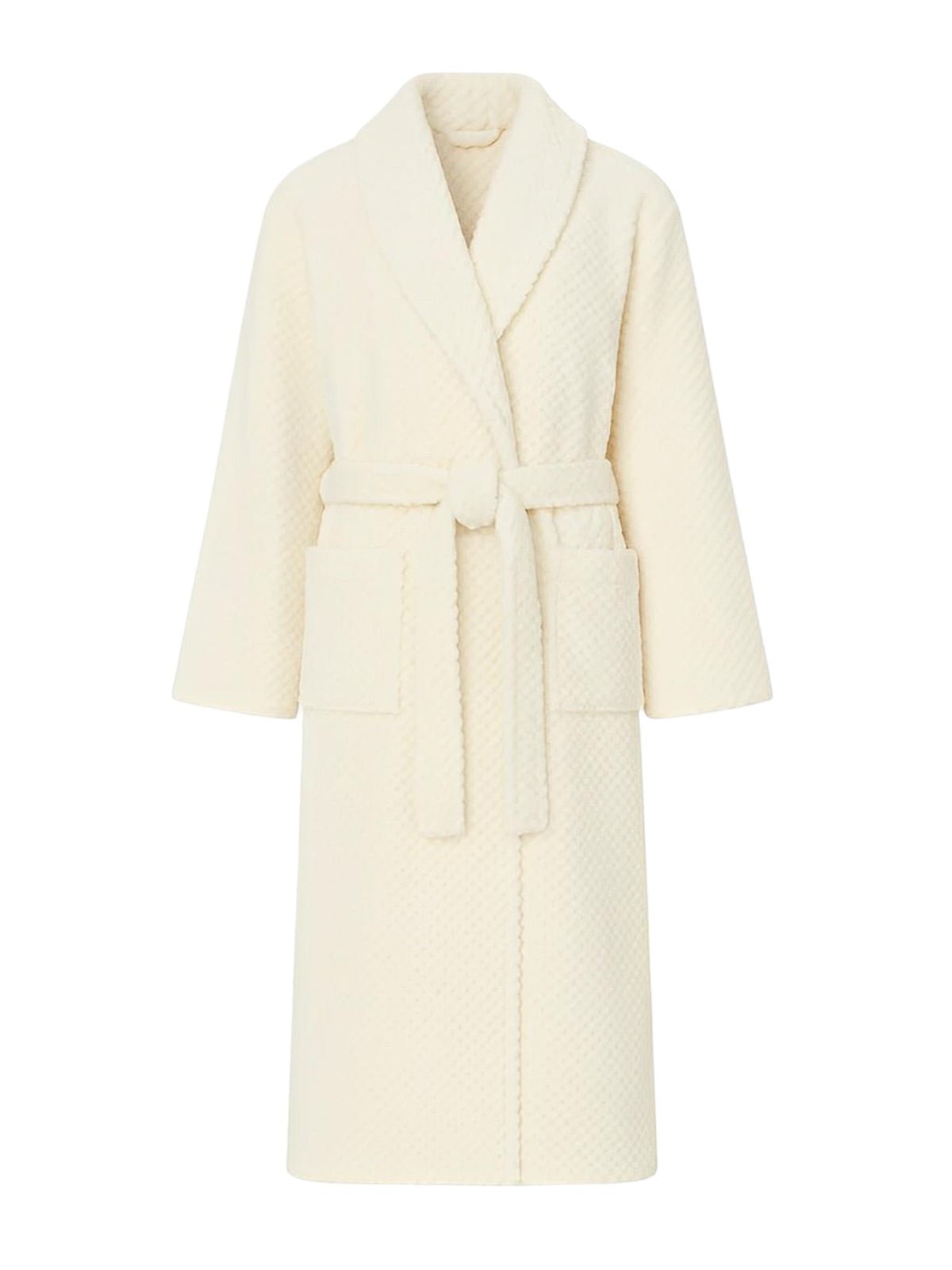Peignoir homme femme, coton doux texturé, col châle, ceinture amovible, deux poches pratiques, confort maison, mi - mollet, modèle Junia - Peignoir - Blanc M