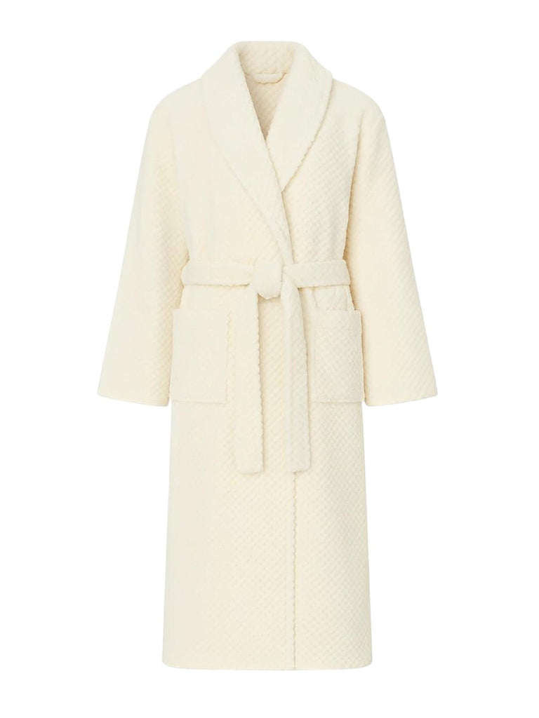 Peignoir homme femme, coton doux texturé, col châle, ceinture amovible, deux poches pratiques, confort maison, mi - mollet, modèle Junia - Peignoir - Blanc M