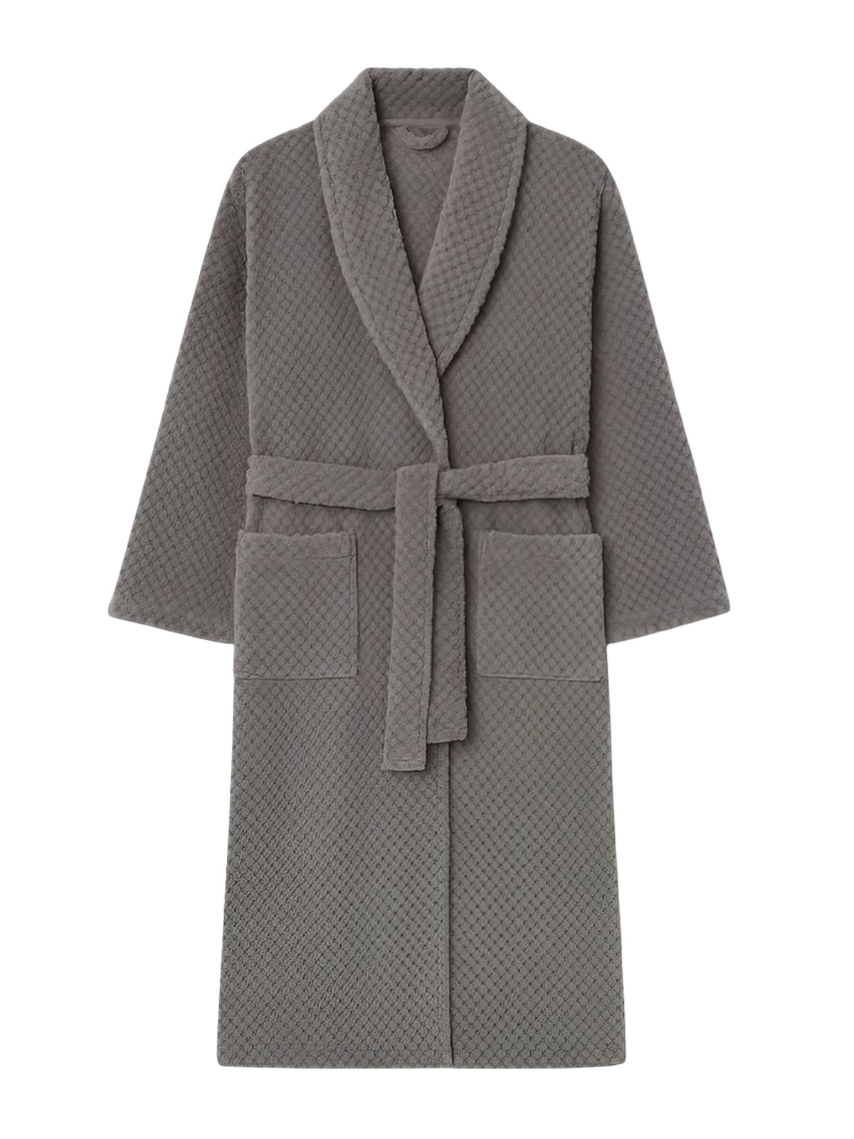 Peignoir homme femme, coton doux texturé, col châle, ceinture amovible, deux poches pratiques, confort maison, mi - mollet, modèle Junia - Peignoir - Gris M