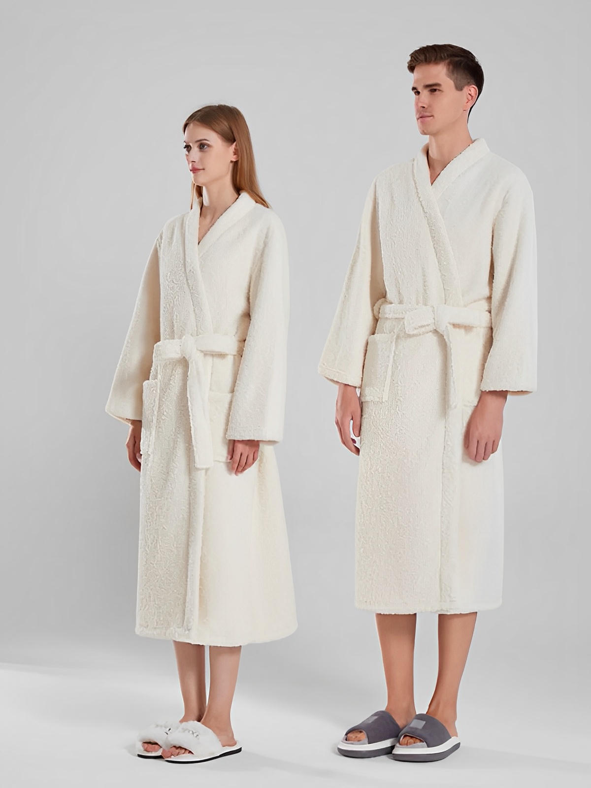 Peignoir ultra doux, chaleur cocooning, confort polaire, ceinture ajustable, coupe longue, idéal hiver, mixte homme femme, gris ivoire vert, tissu respirant, modèle Ilyo - Peignoir - Blanc M