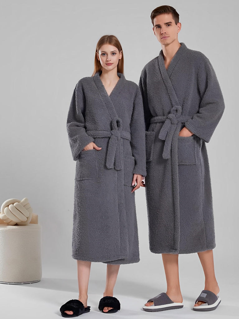 Peignoir ultra doux, chaleur cocooning, confort polaire, ceinture ajustable, coupe longue, idéal hiver, mixte homme femme, gris ivoire vert, tissu respirant, modèle Ilyo - Peignoir - Gris M