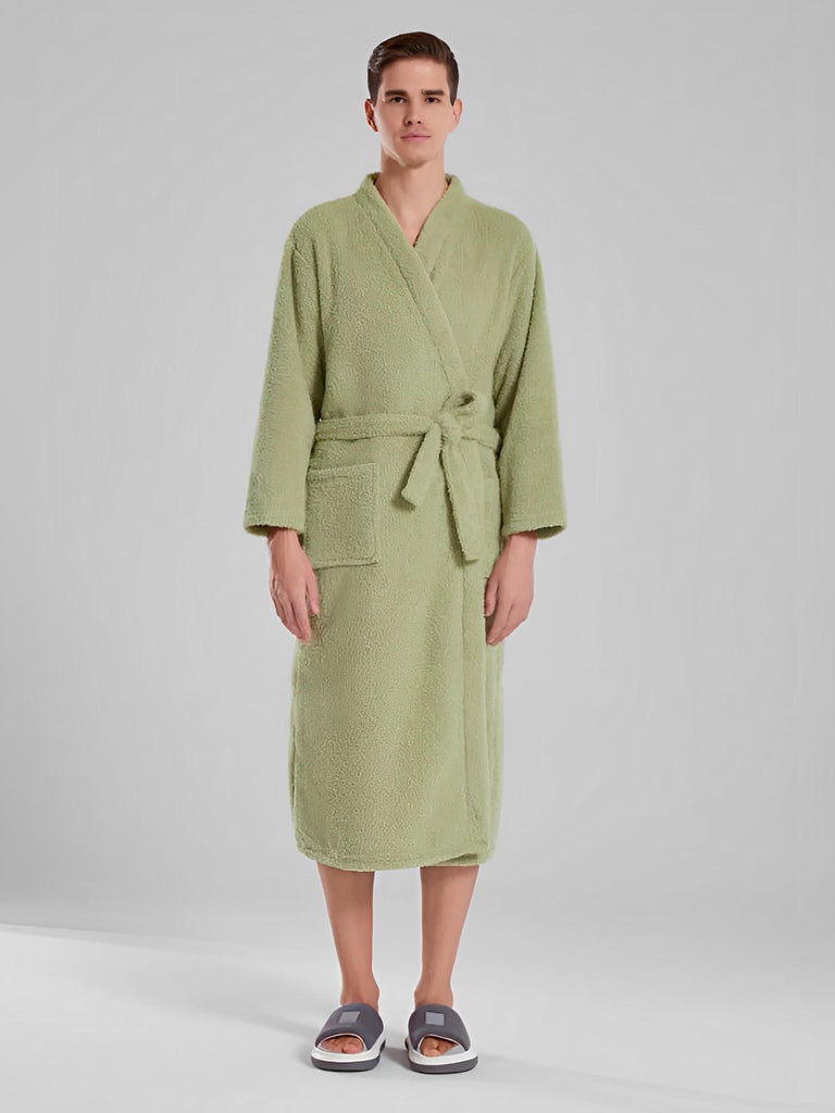 Peignoir ultra doux, chaleur cocooning, confort polaire, ceinture ajustable, coupe longue, idéal hiver, mixte homme femme, gris ivoire vert, tissu respirant, modèle Ilyo - Peignoir - Vert M