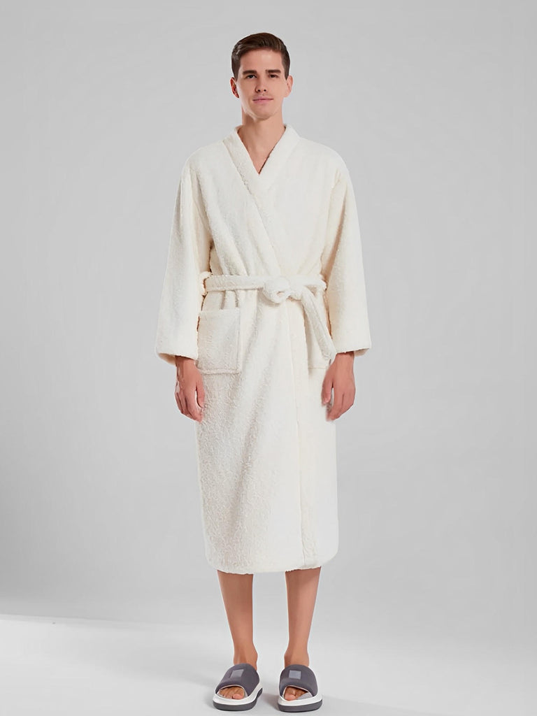 Peignoir ultra doux, chaleur cocooning, confort polaire, ceinture ajustable, coupe longue, idéal hiver, mixte homme femme, gris ivoire vert, tissu respirant, modèle Ilyo - Peignoir - Blanc M