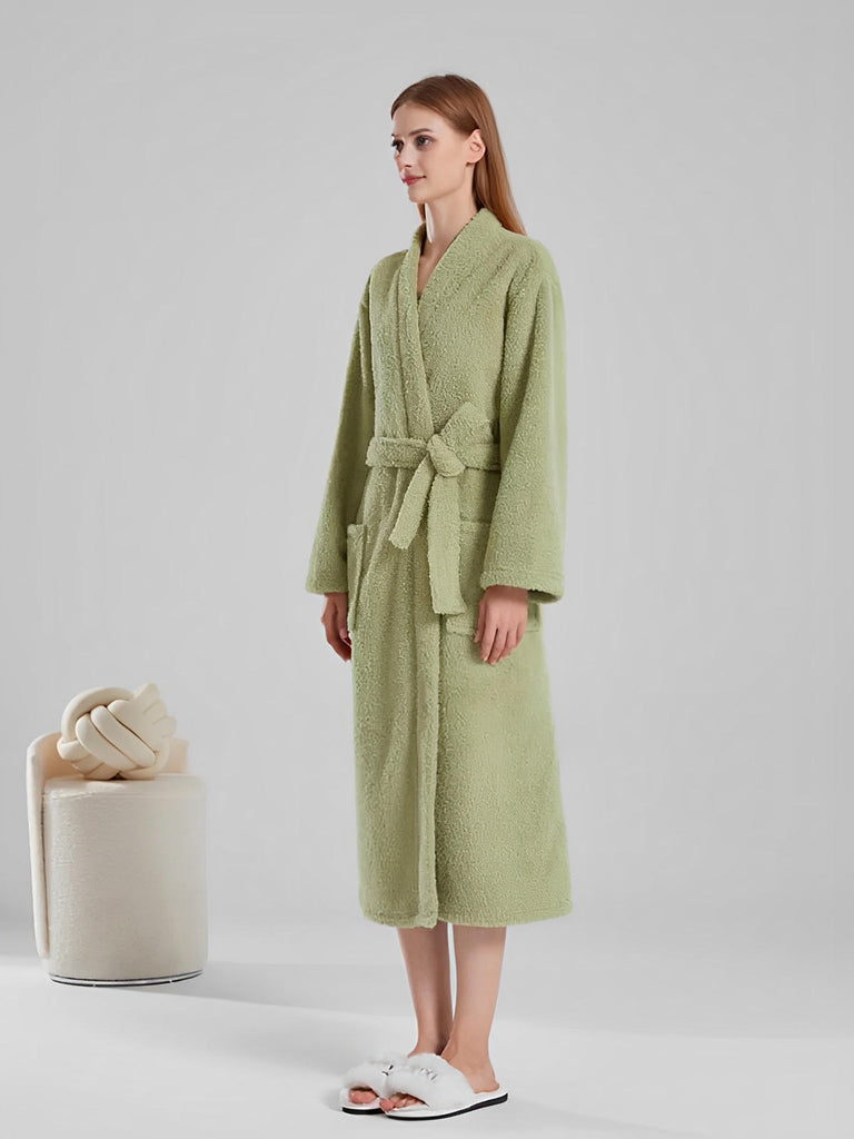 Peignoir ultra doux, chaleur cocooning, confort polaire, ceinture ajustable, coupe longue, idéal hiver, mixte homme femme, gris ivoire vert, tissu respirant, modèle Ilyo - Peignoir - Vert M