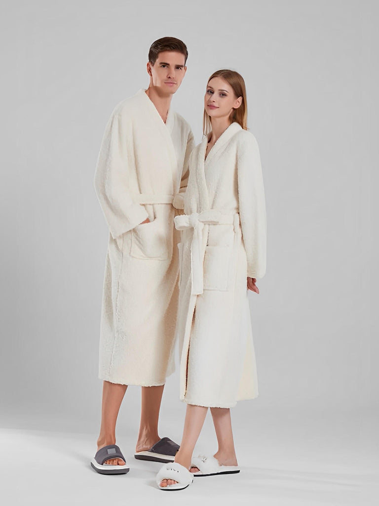 Peignoir ultra doux, chaleur cocooning, confort polaire, ceinture ajustable, coupe longue, idéal hiver, mixte homme femme, gris ivoire vert, tissu respirant, modèle Ilyo - Peignoir - Blanc M