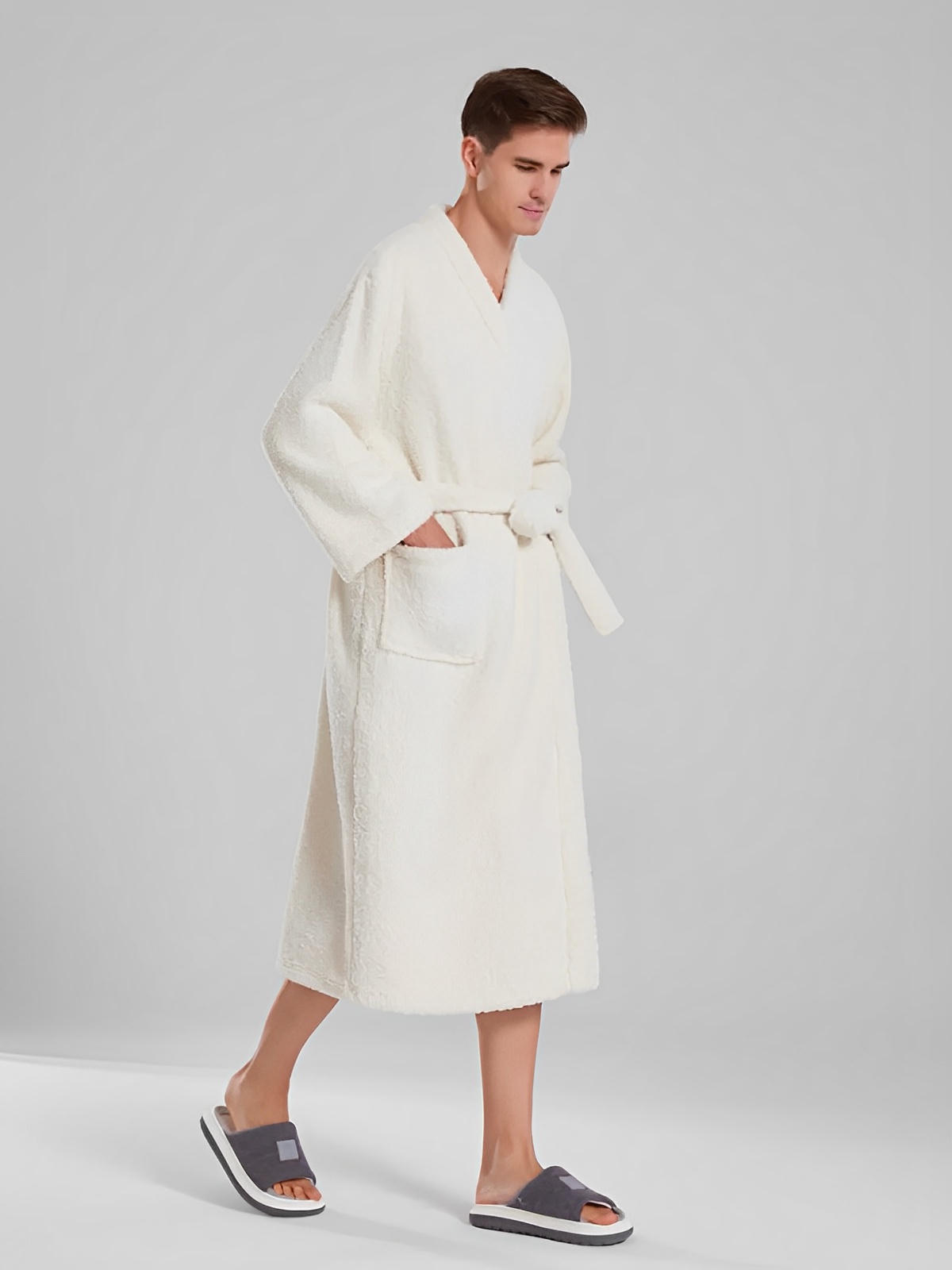 Peignoir ultra doux, chaleur cocooning, confort polaire, ceinture ajustable, coupe longue, idéal hiver, mixte homme femme, gris ivoire vert, tissu respirant, modèle Ilyo - Peignoir - Blanc M
