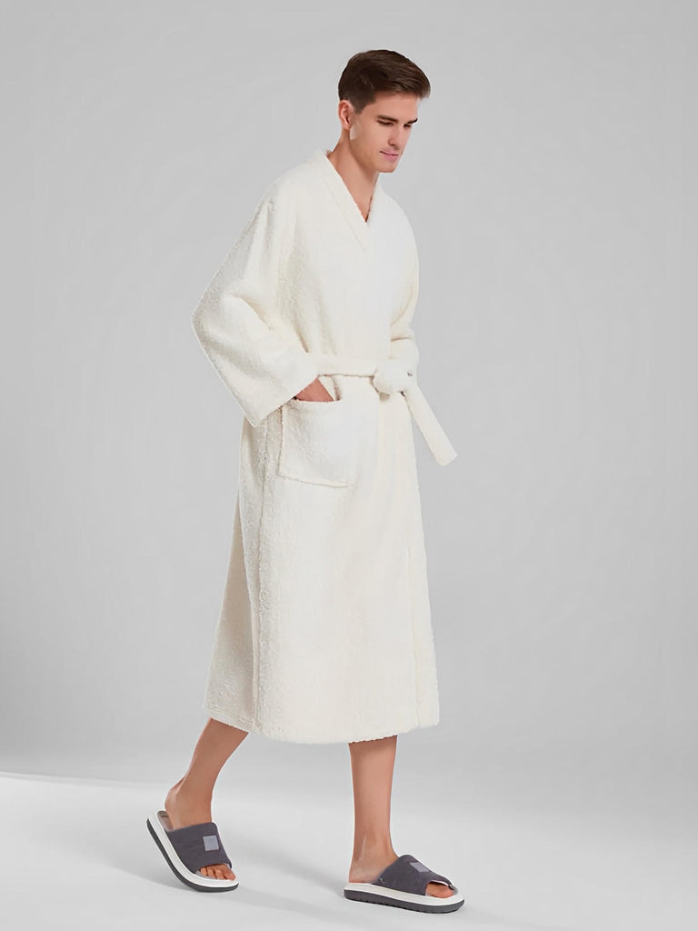 Peignoir ultra doux, chaleur cocooning, confort polaire, ceinture ajustable, coupe longue, idéal hiver, mixte homme femme, gris ivoire vert, tissu respirant, modèle Ilyo - Peignoir - Blanc M