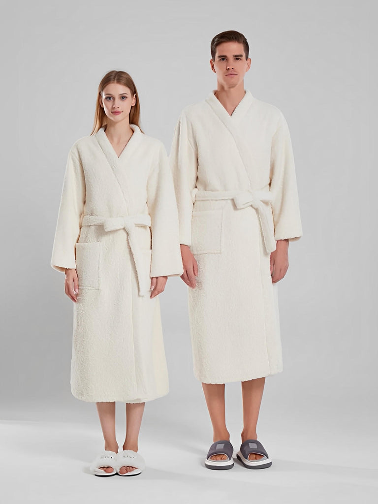 Peignoir ultra doux, chaleur cocooning, confort polaire, ceinture ajustable, coupe longue, idéal hiver, mixte homme femme, gris ivoire vert, tissu respirant, modèle Ilyo - Peignoir - Blanc M