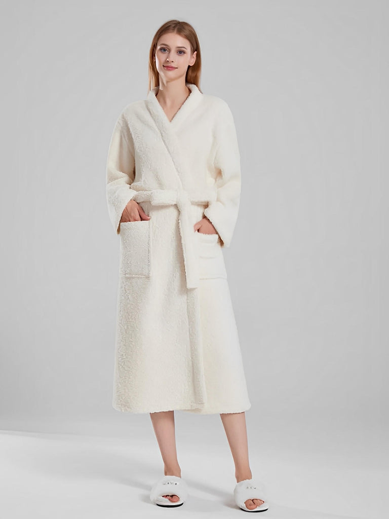 Peignoir ultra doux, chaleur cocooning, confort polaire, ceinture ajustable, coupe longue, idéal hiver, mixte homme femme, gris ivoire vert, tissu respirant, modèle Ilyo - Peignoir - Blanc M