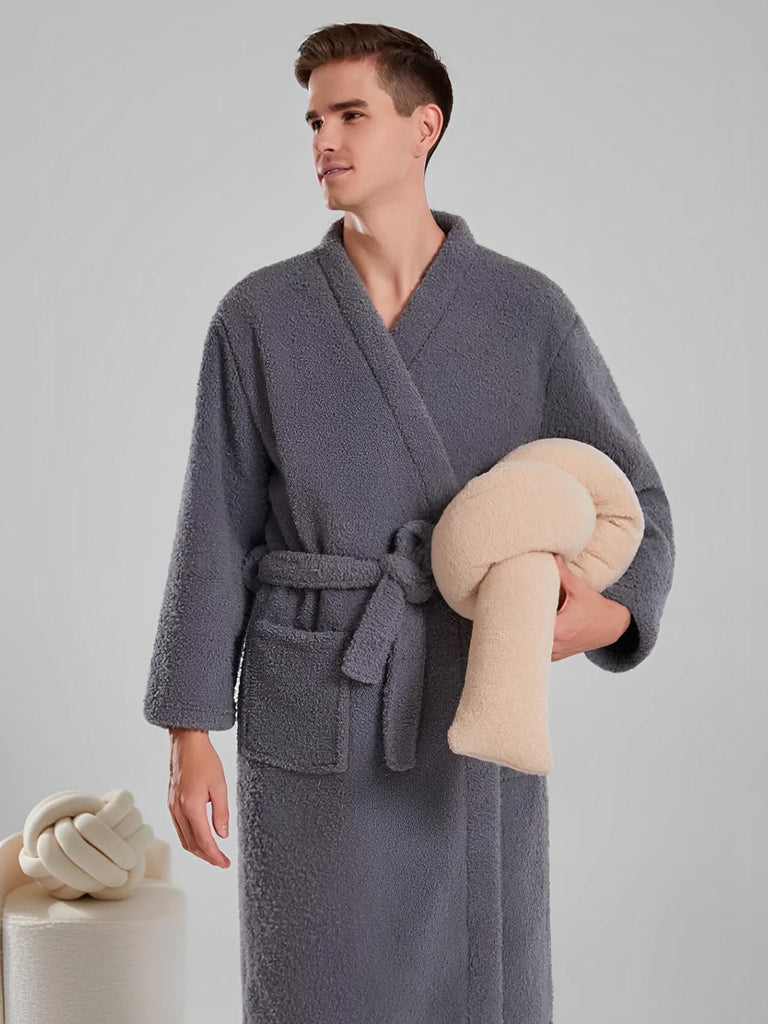 Peignoir ultra doux, chaleur cocooning, confort polaire, ceinture ajustable, coupe longue, idéal hiver, mixte homme femme, gris ivoire vert, tissu respirant, modèle Ilyo - Peignoir - Gris M