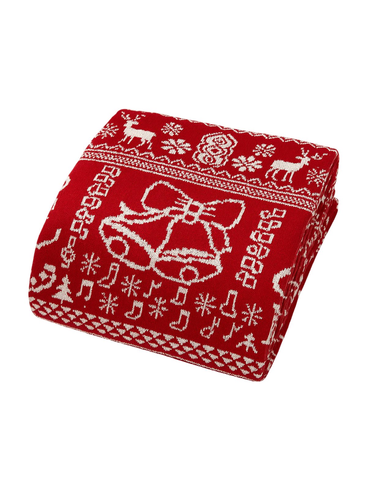 Plaid de Noël rouge, Jeté de canapé chaleureux, Couverture tricotée hiver, Motifs cerf et cloche, Déco festive cocooning, modèle Elif - Rouge