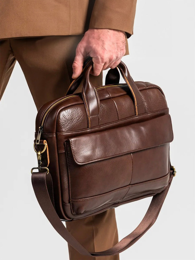 Porte - documents homme en cuir, sac ordinateur portable 14 pouces, sac bandoulière, sac business, sac de professeur, école, modèle Amard - Porte - document - Marron