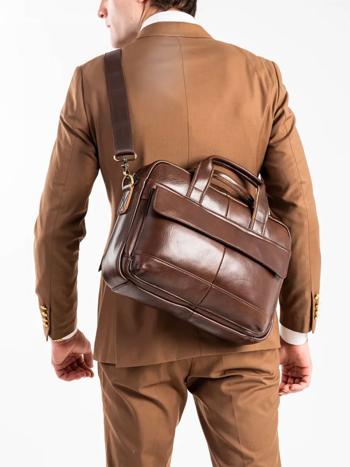 Porte - documents homme en cuir, sac ordinateur portable 14 pouces, sac bandoulière, sac business, sac de professeur, école, modèle Amard - Porte - document - Marron