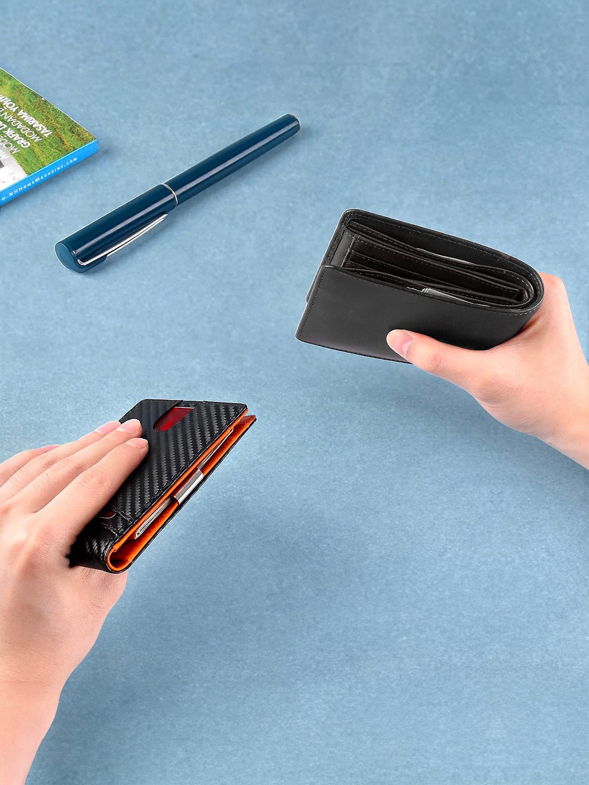 Portefeuille bifold compact, carbone, carte bancaire, sécurité RFID, ultra fin, porte billets, modèle Kazo - Porte - feuille - Noir et orange
