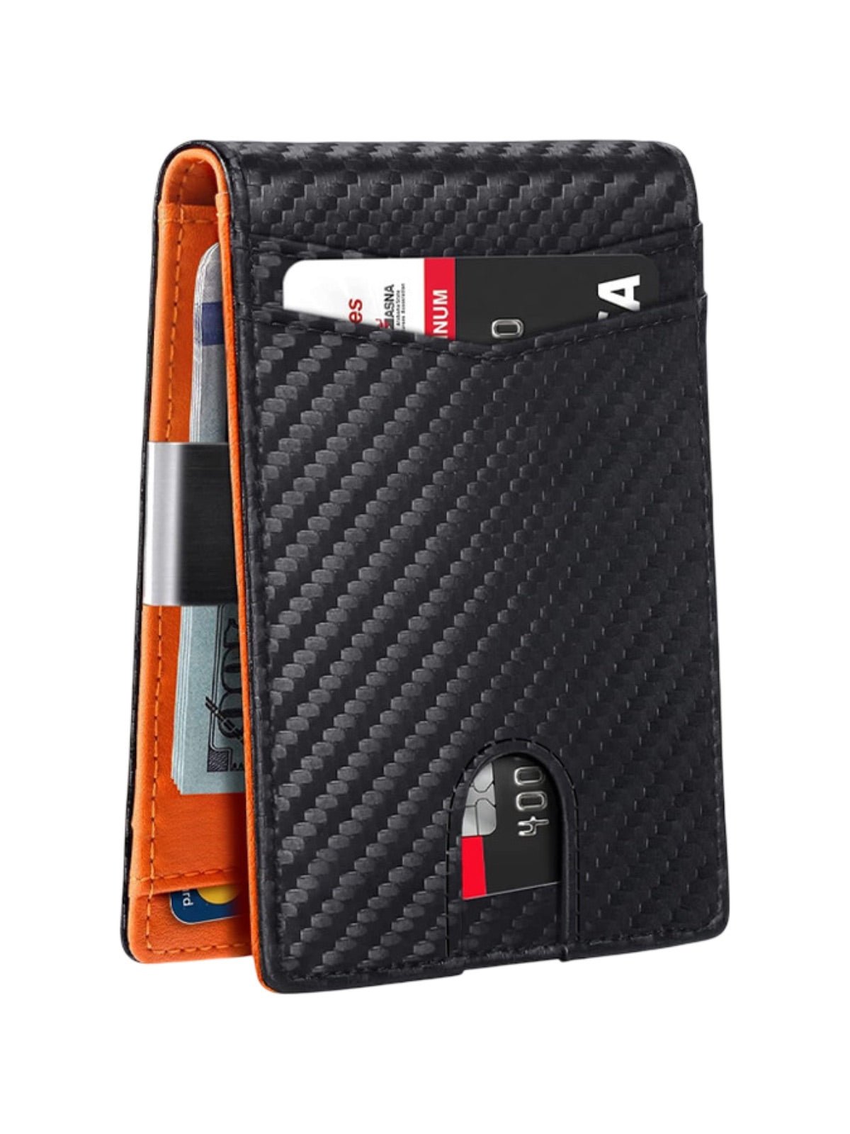 Portefeuille bifold compact, carbone, carte bancaire, sécurité RFID, ultra fin, porte billets, modèle Kazo - Porte - feuille - Noir et orange