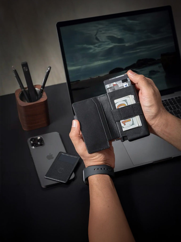 Portefeuille compact cuir RFID, rangement cartes, compatible AirTag, ouverture rapide, porte - billets intégré, modèle Taylor - Porte - feuille - Noir