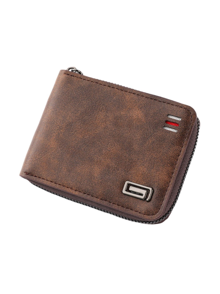 Portefeuille homme compact, fermeture zippée, simili vegan, trifold, format poche, modèle Stormy - Porte - feuille - Marron