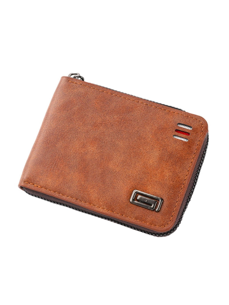 Portefeuille homme compact, fermeture zippée, simili vegan, trifold, format poche, modèle Stormy - Porte - feuille - Cognac