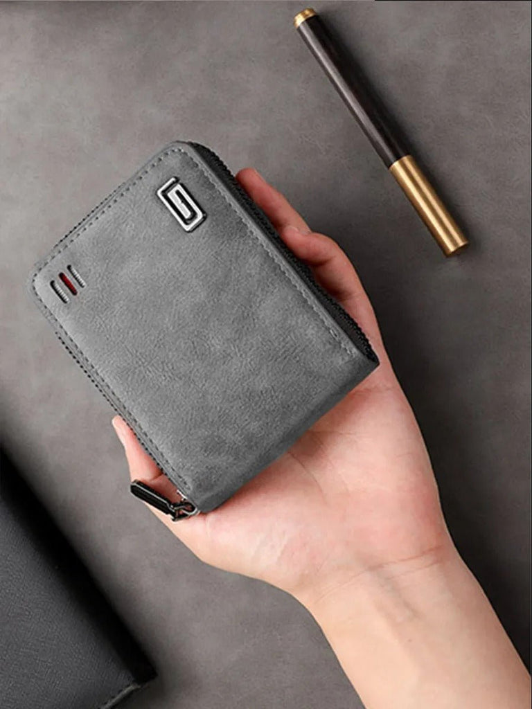 Portefeuille homme compact, fermeture zippée, simili vegan, trifold, format poche, modèle Stormy - Porte - feuille - Gris