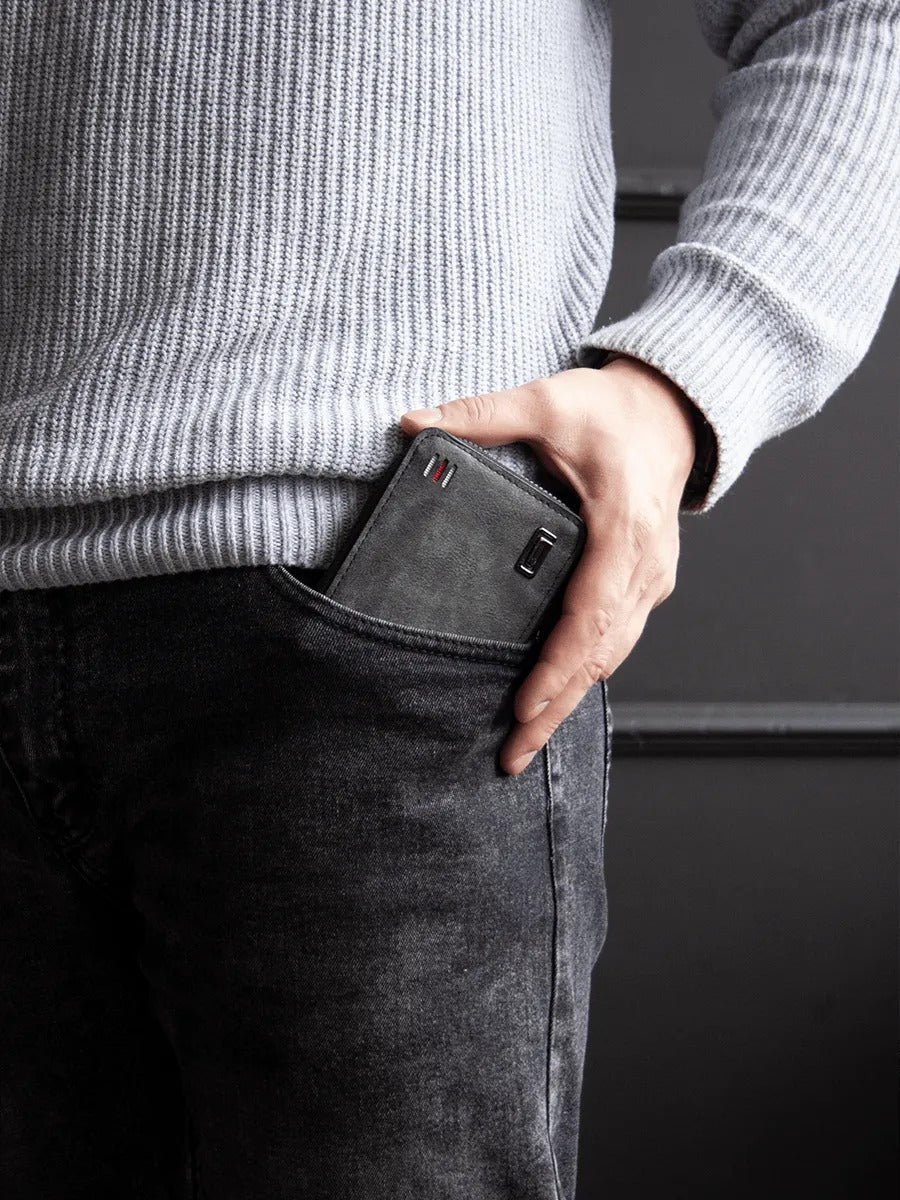 Portefeuille homme compact, fermeture zippée, simili vegan, trifold, format poche, modèle Stormy - Porte - feuille - Gris
