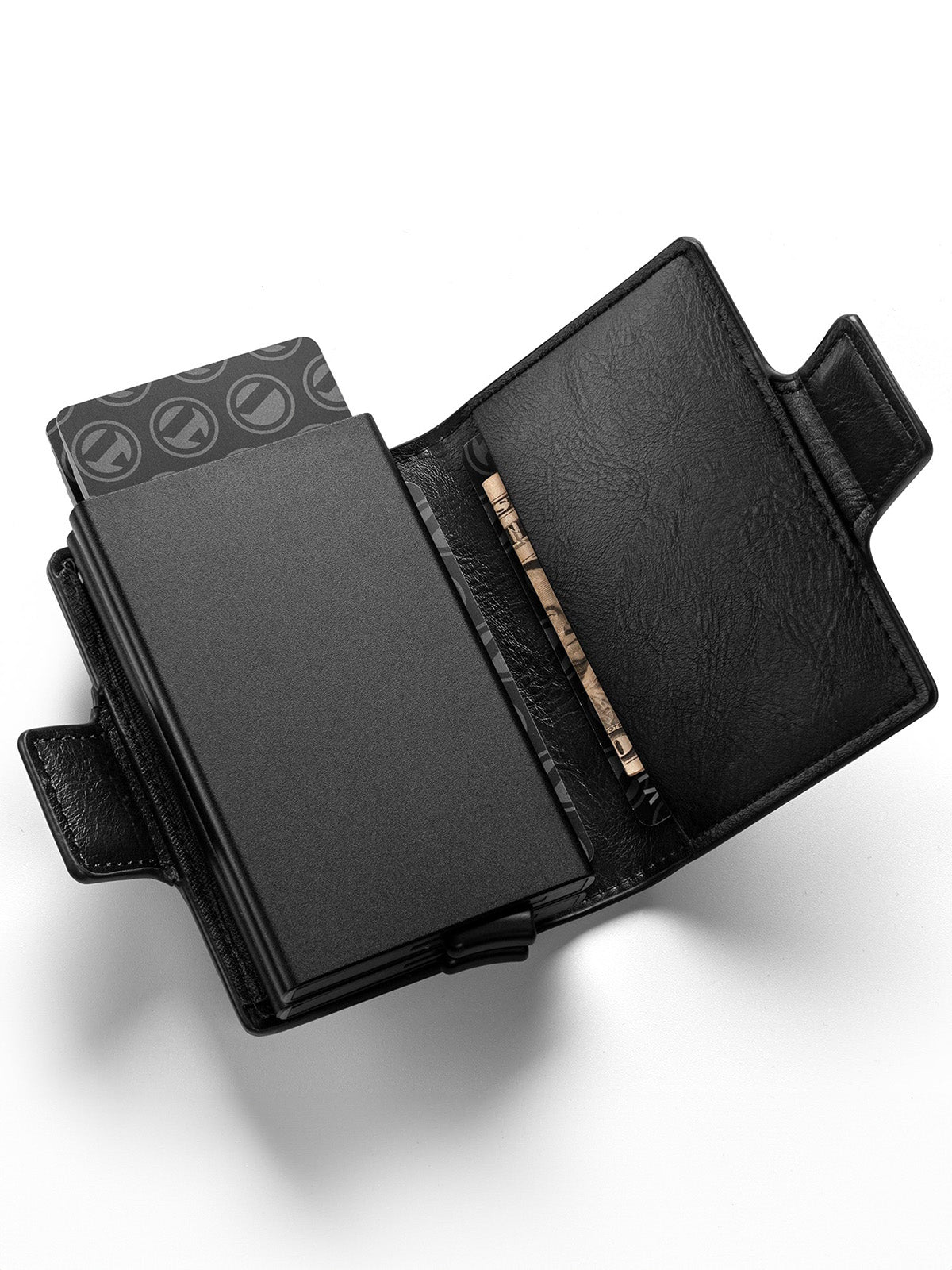 Portefeuille homme compact RFID, cuir noir, double boîtier aluminium, accès rapide cartes, porte - billets, modèle Juno - Porte - feuille - Noir
