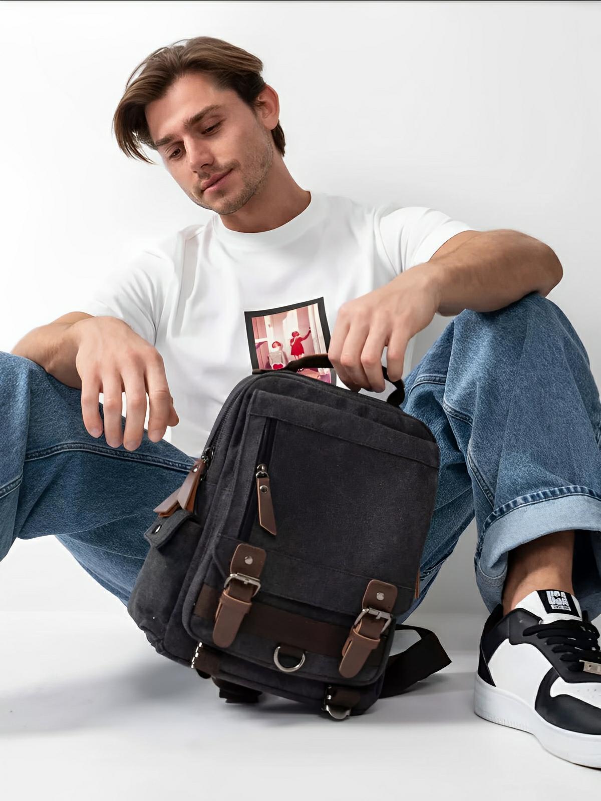 Sac à dos en toile, mixte, imperméable compact, mixte voyage, urbain multi - fonction, modèle Elin - Sac à dos - Gris foncé